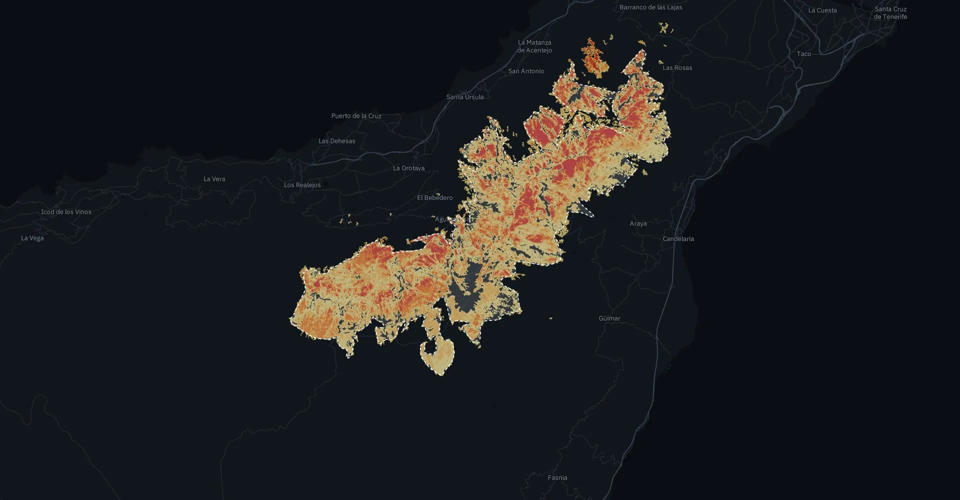 Mapa de severidad del incendio de Tenerife de 2023 calculado por Aegis, con el perímetro oficial de EFFIS.