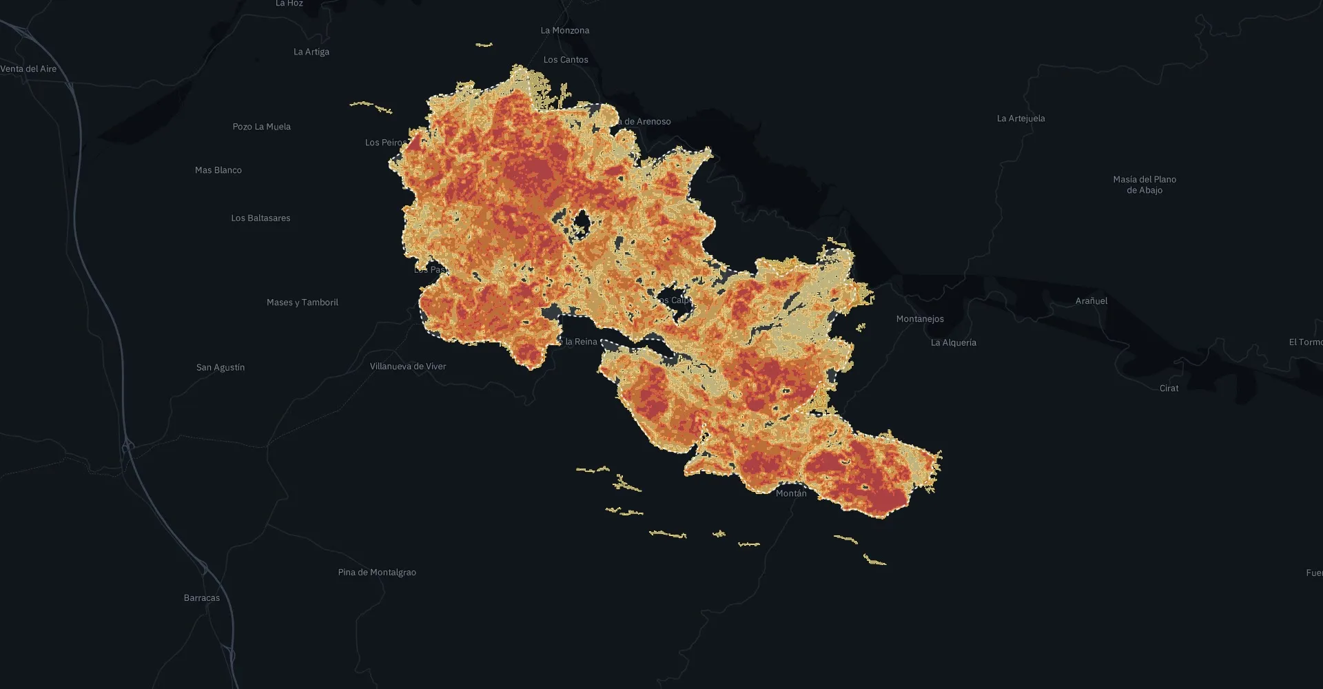 Mapa de severidad del incendio de Villanueva de Viver calculado por Aegis, con el perímetro oficial de EFFIS superpuesto.